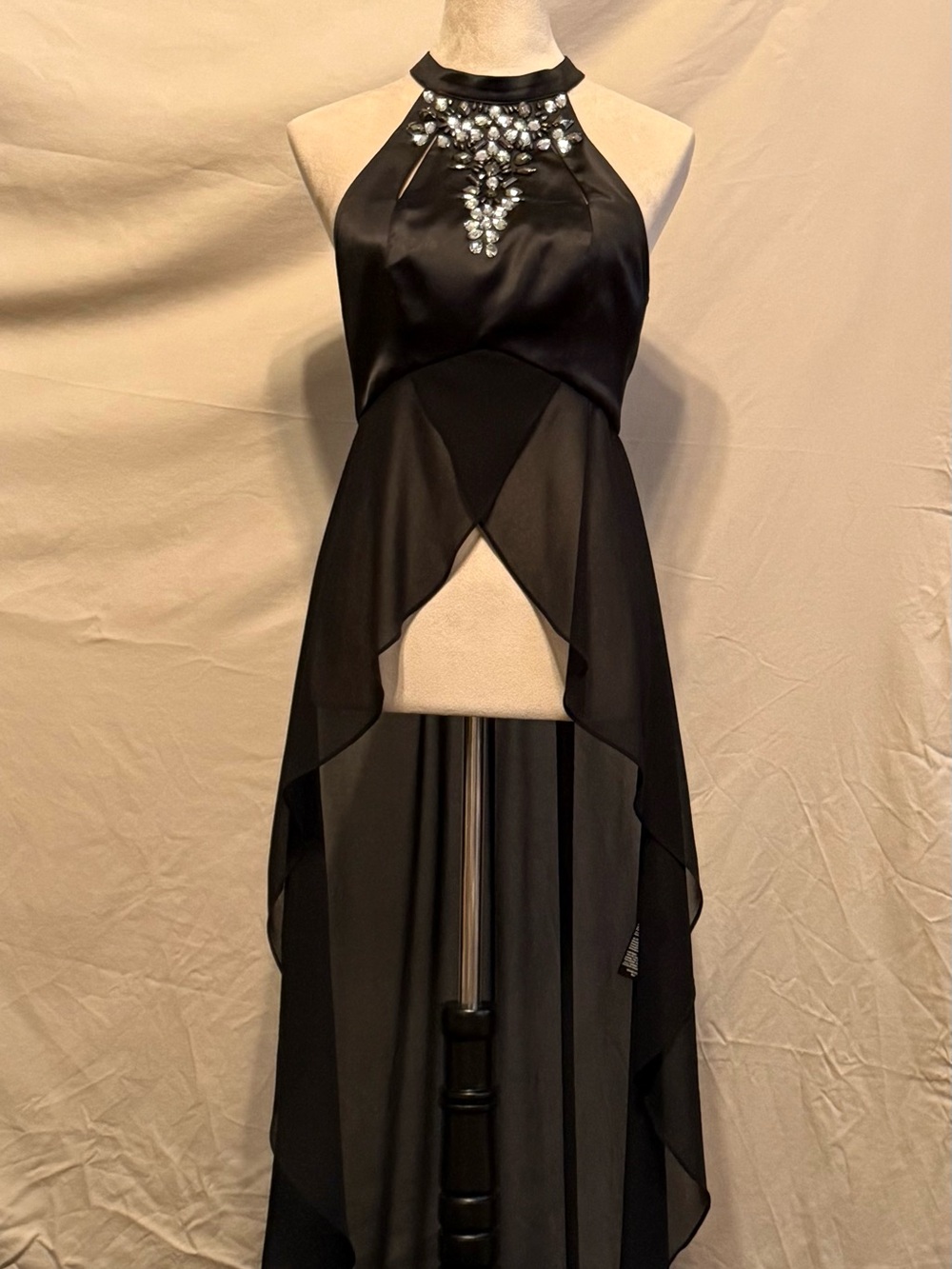 bebe Black High-Low Halter top with Crystal Embellishment